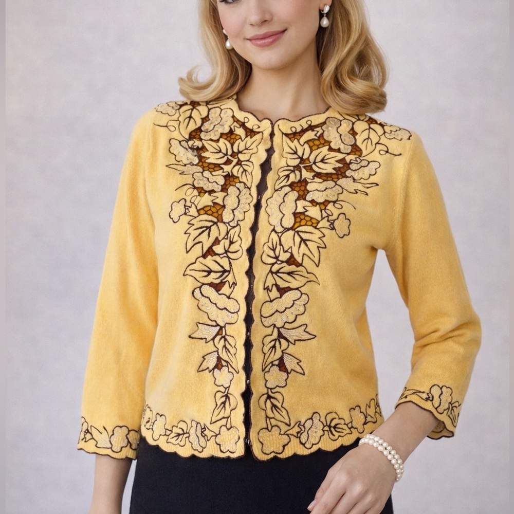 Vintage 60s Embroidered Cardigan Small Yellow Floral Applique Cutwork Metallic